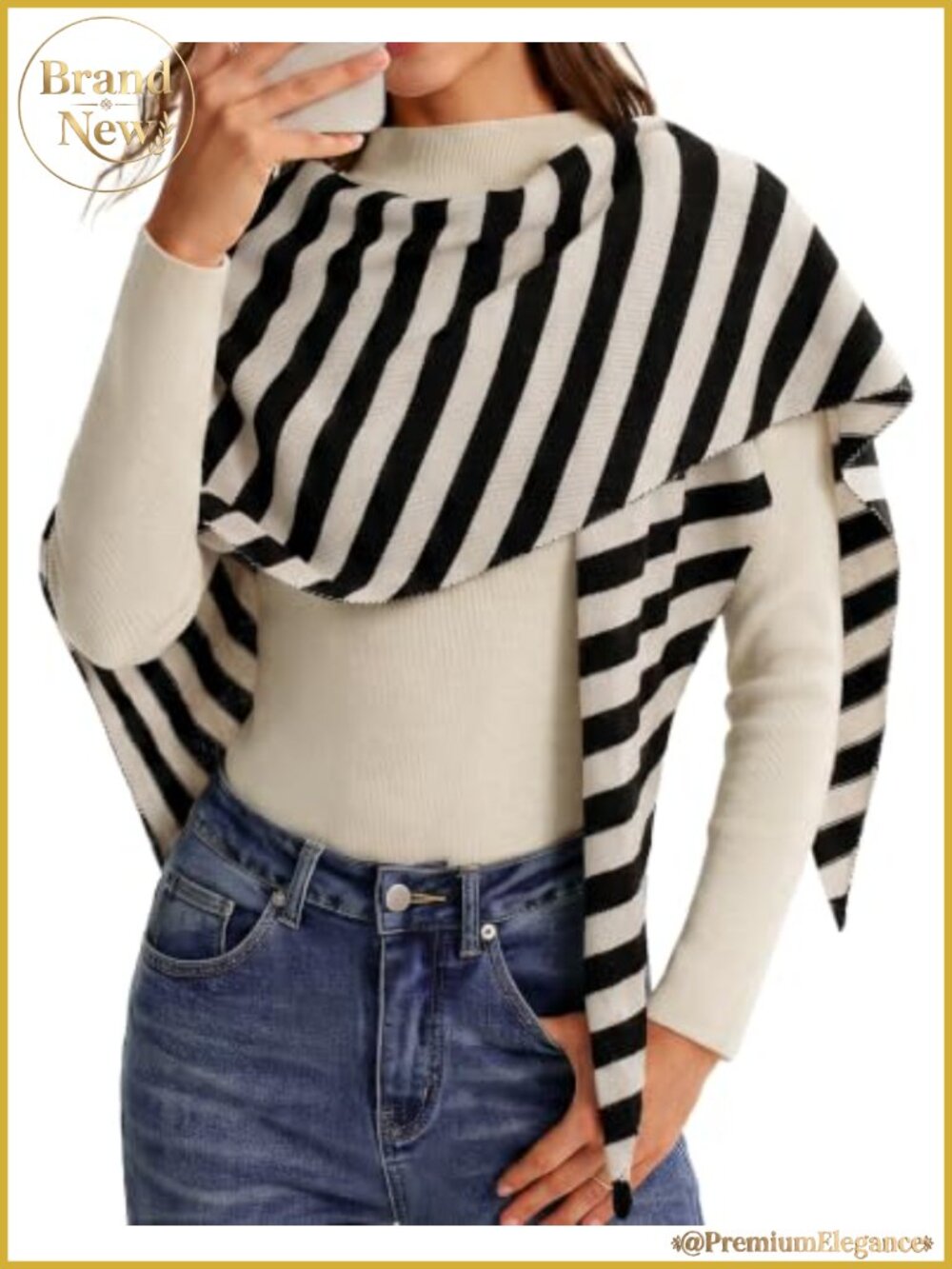 Wool Blend Triangle Scarf Striped Pashmina Shawl Wrap